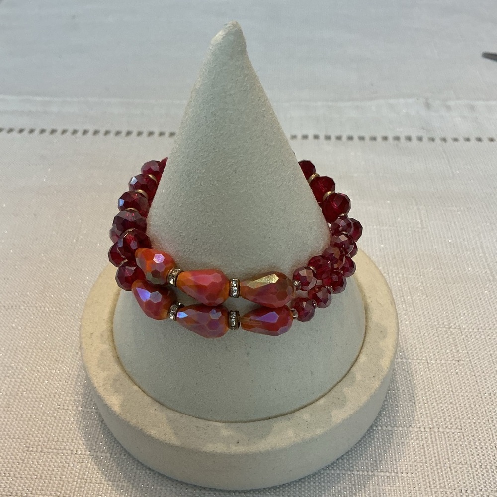 Ruby Red Iridescent Rhinestone Silver Tone Stretch Bracelets